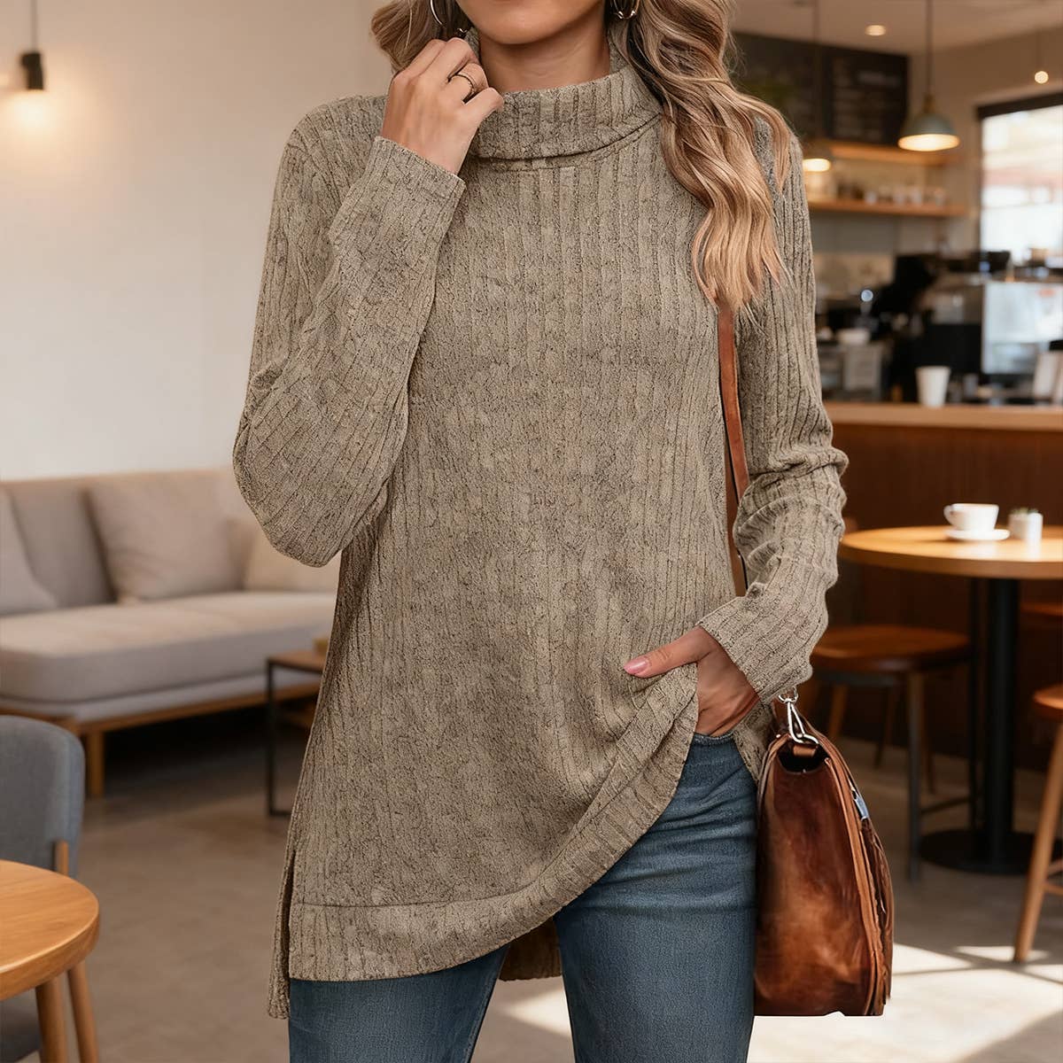 Solid-colored high-neck slit striped loose top