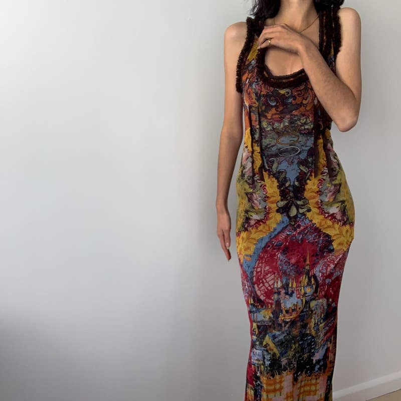 Stylish and retro tie-dyed printed U-neck dress