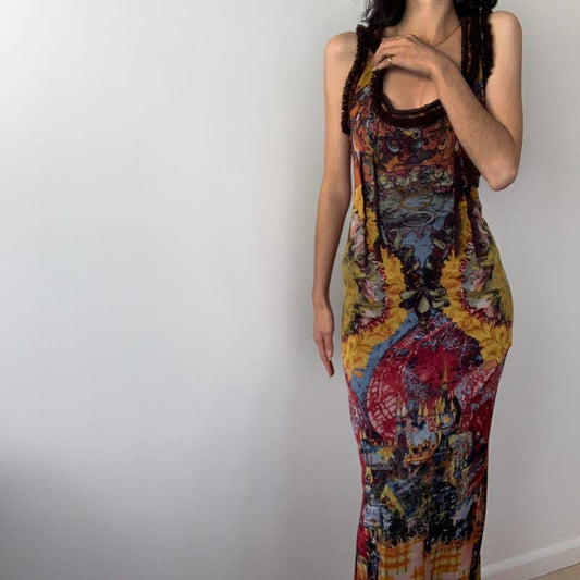 Stylish and retro tie-dyed printed U-neck dress
