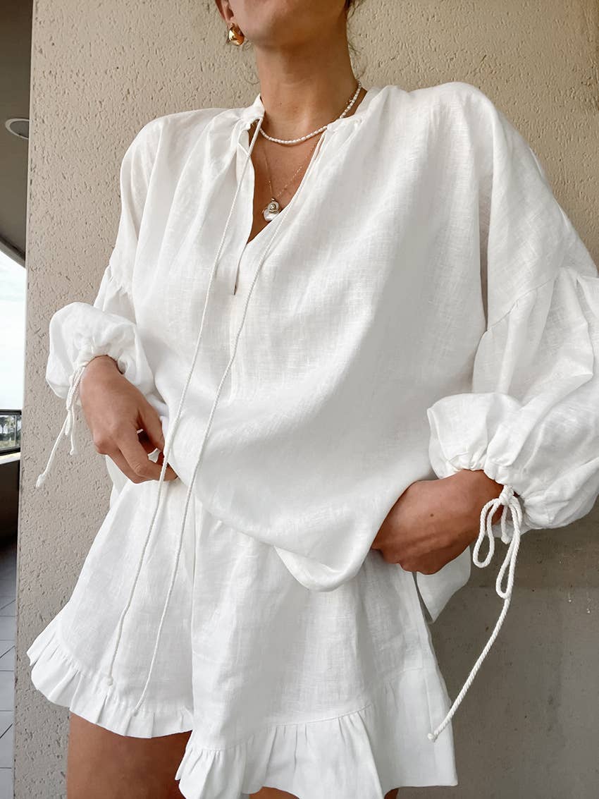 Solid color V-neck top shorts cotton linen suit
