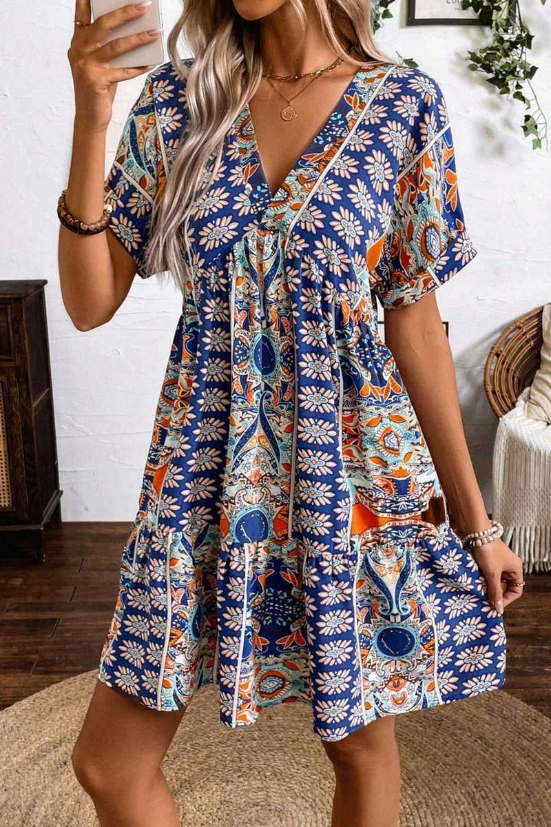 CWDSD6961_PRINTED V-NECK HIGH WAIST BAT SLEEVES DRESS