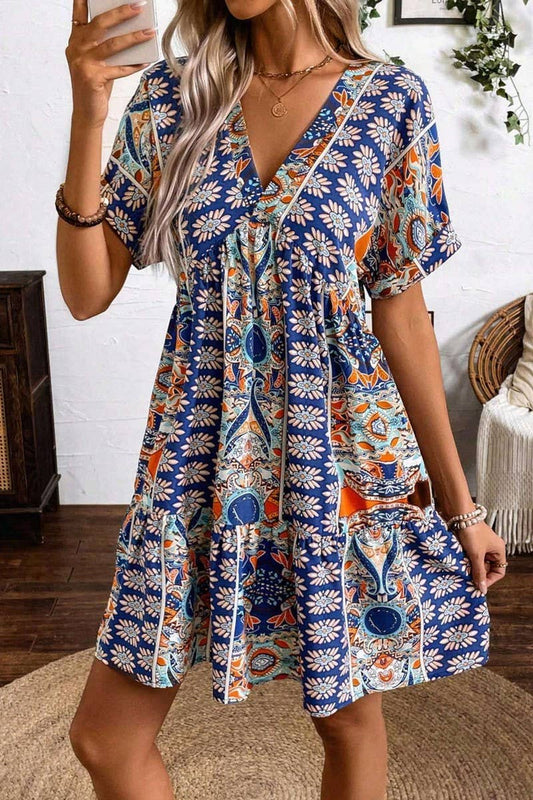 CWDSD6961_PRINTED V-NECK HIGH WAIST BAT SLEEVES DRESS