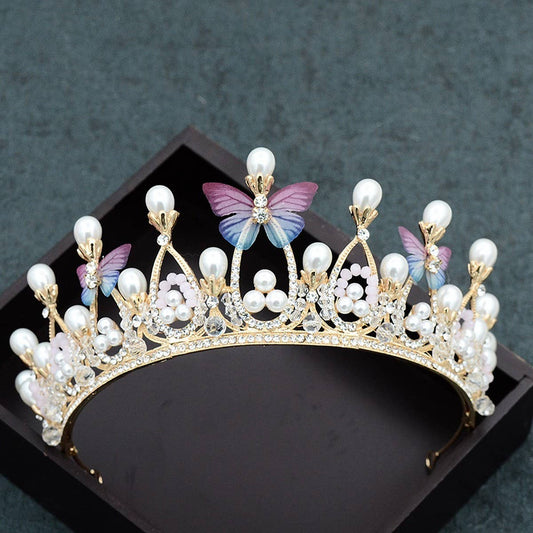 COLORFUL BUTTERFLY PEARL TIARA BRIDAL CROWN