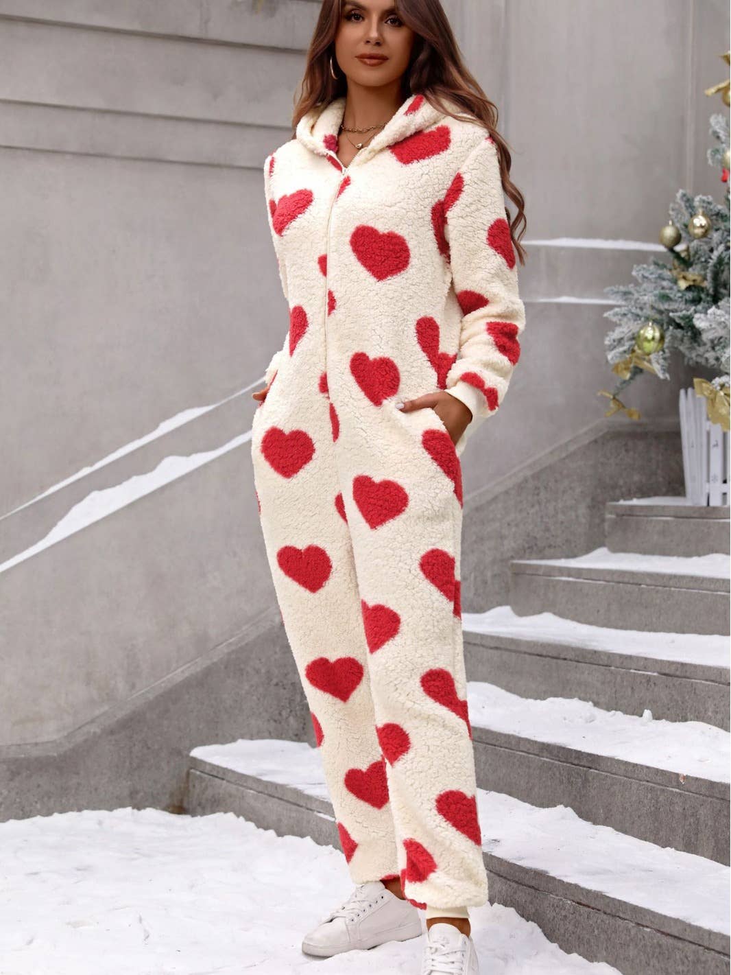 Plush love print Christmas hoodie romper