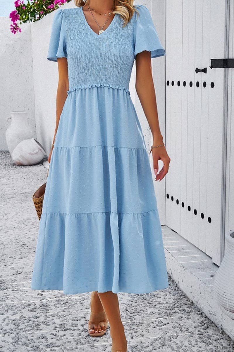 CWDMD00962_CASUAL V-NECK SHORT-SLEEVED DRESS