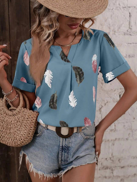 V-NECK FEATHER PRINT SHORT-SLEEVED LOOSE T-SHIRT
