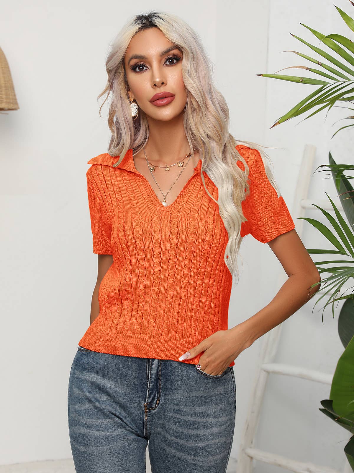 Twisted twist lapel short-sleeved sweater