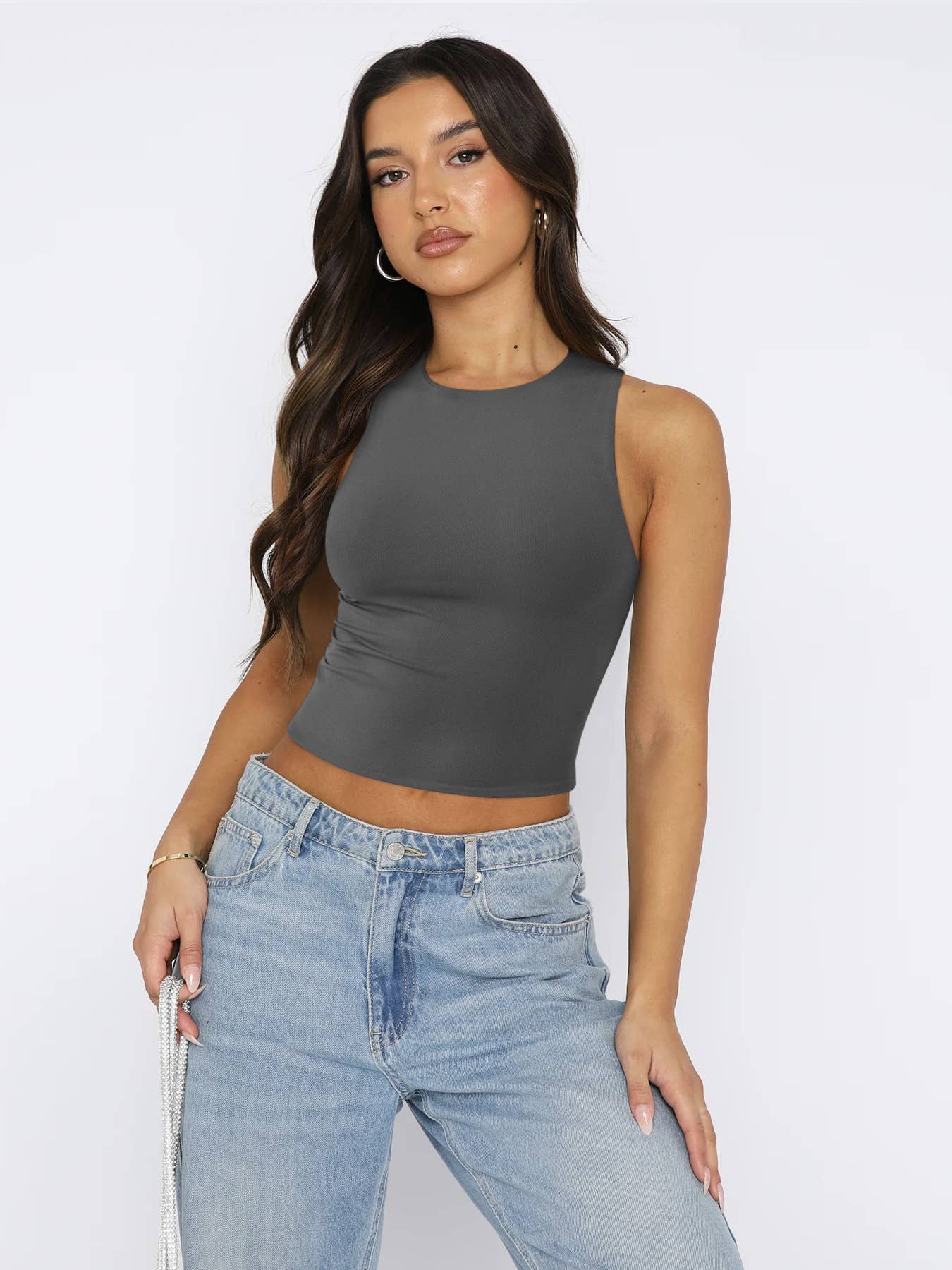 Sexy crop top, sleeveless, tight round-neck Top