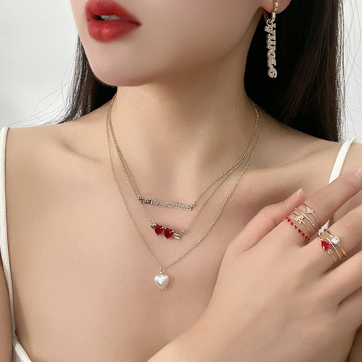 HEART-SHAPED ZIRCONIUM INLAID MULTI-ROW NECKLACE