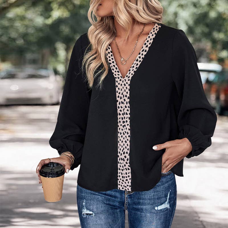 V-NECK LONG-SLEEVED VINTAGE LEOPARD PRINT SHIRT