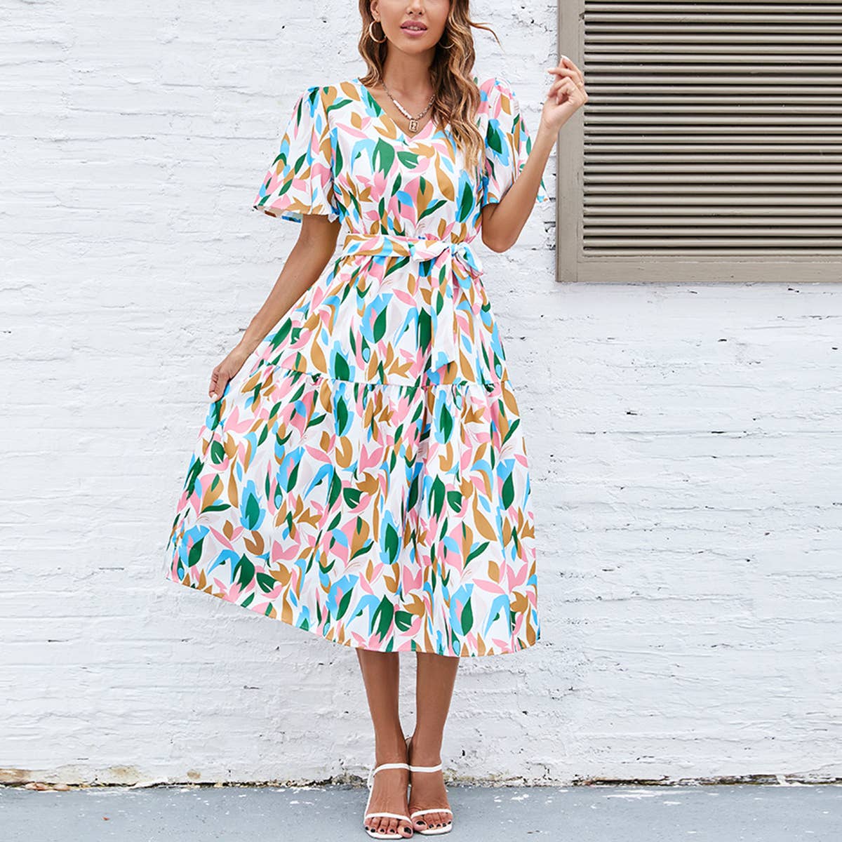 Puffy sleeve V-neck lace-up waist long dress