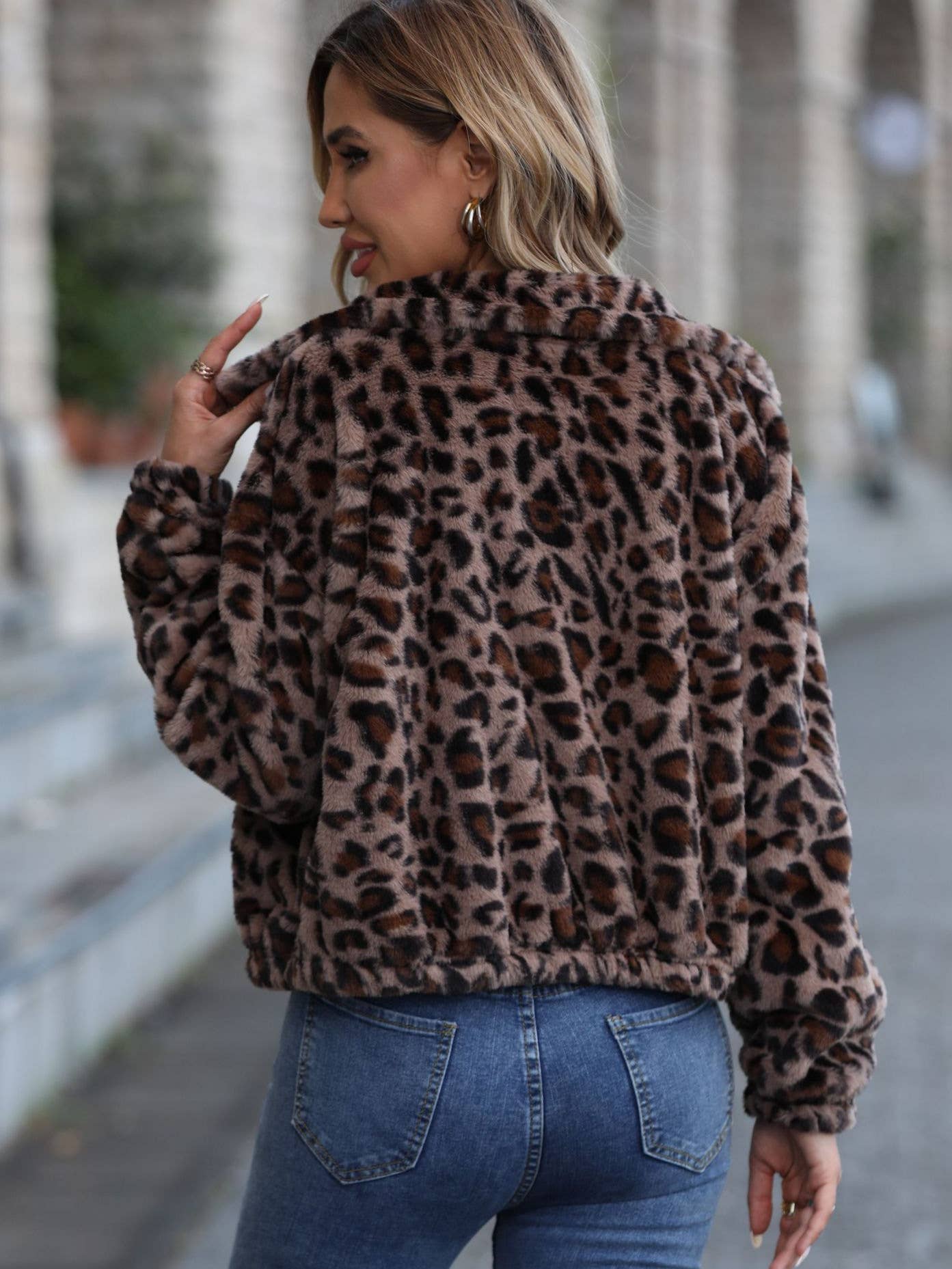 ZIPPER LONG-SLEEVED LEOPARD PRINT FLEECE JACKET