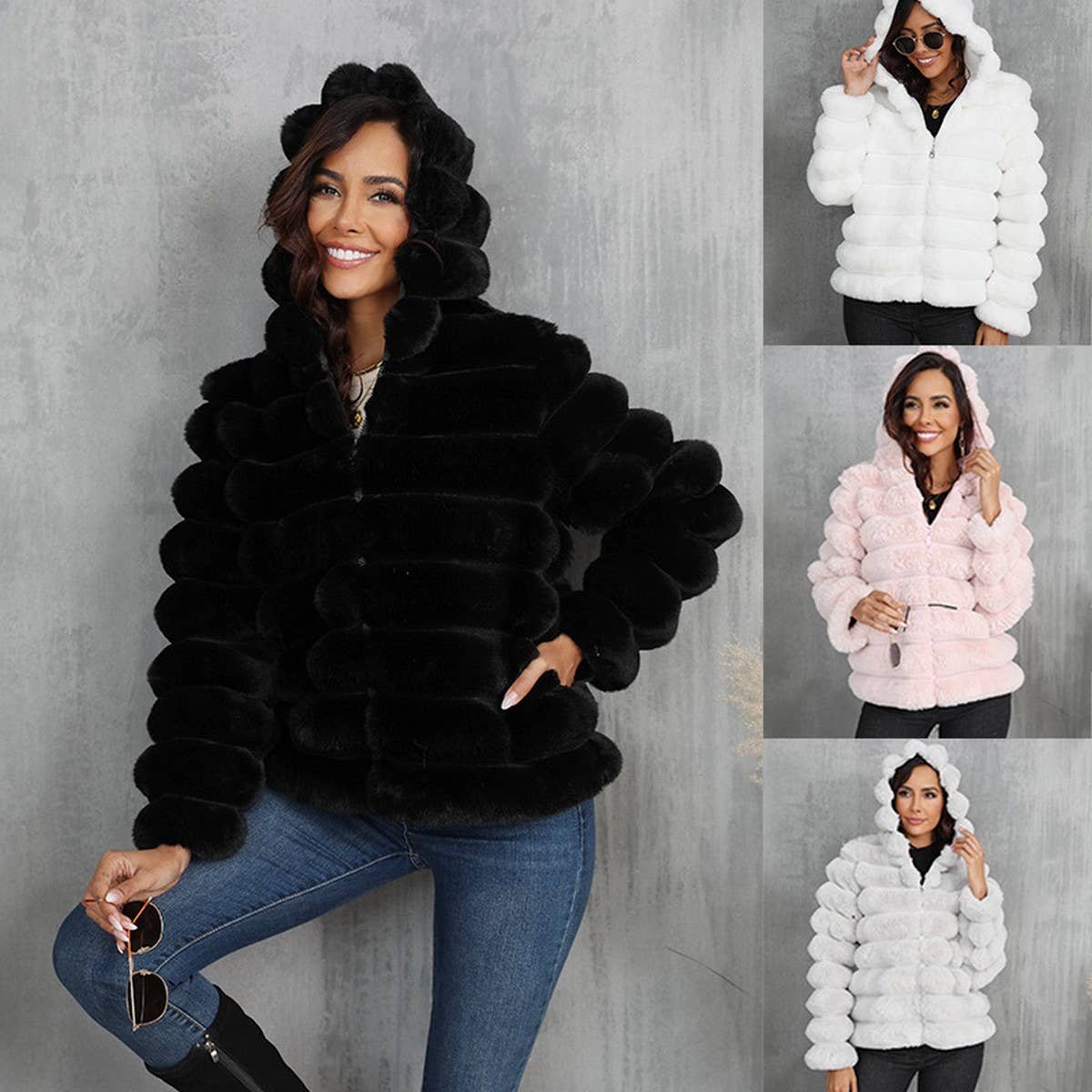 Women's Hooded Faux Fur Striped Short Coat