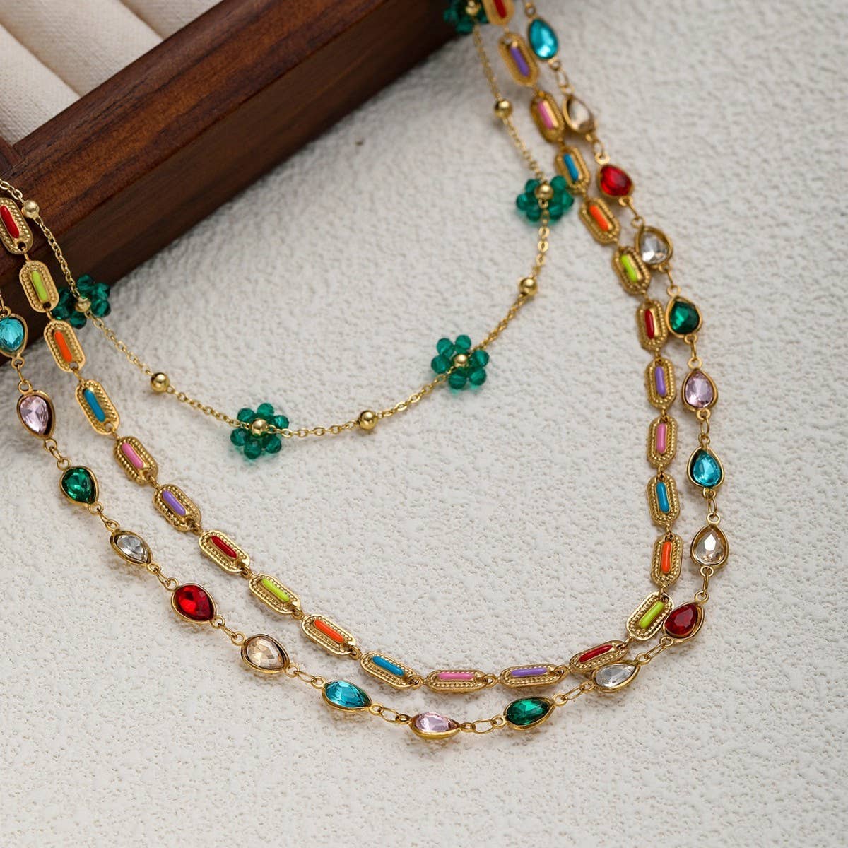 COLORFUL BEADED NATURAL STONE THREE-LAYER NECKLACE