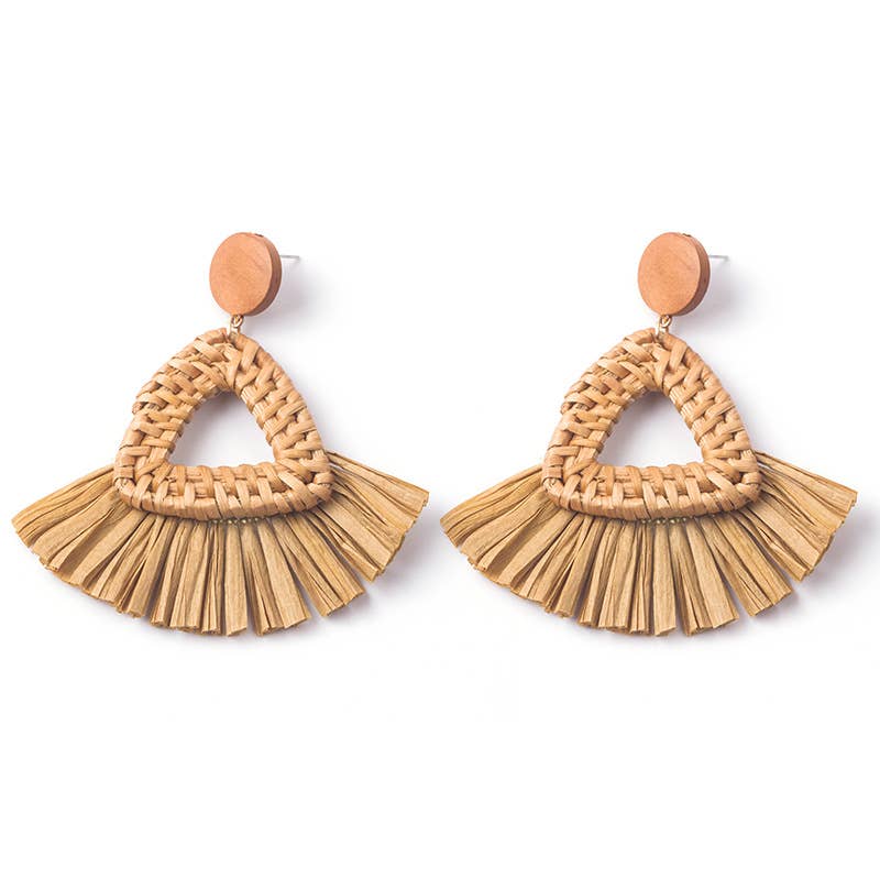Hand-woven geometric rattan raffia earrings