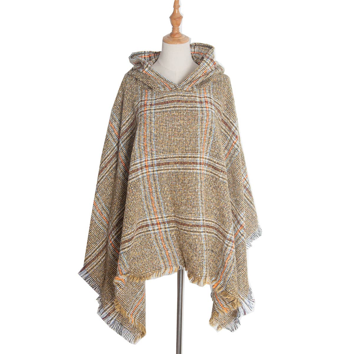 CIRCLE YARN FUR LARGE PLAID HOODED CAPE SHAWL