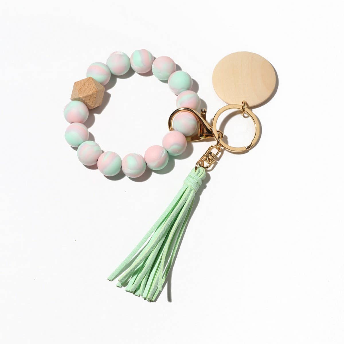 Silicone Bead Bracelet Keychain with Beech Wood