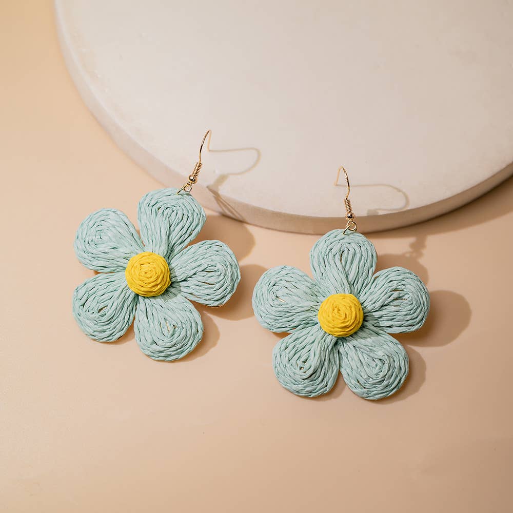 Woven raffia grass exaggerated flower earrings