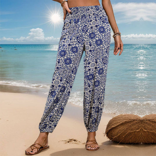 HIGH-WAISTED ETHNIC HOLIDAY PRINTED TROUSERS