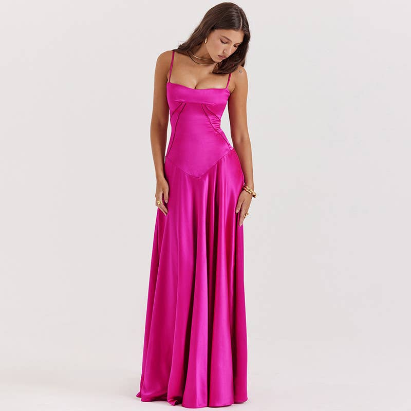 Solid-color strappy low-cut cinched-waist dress