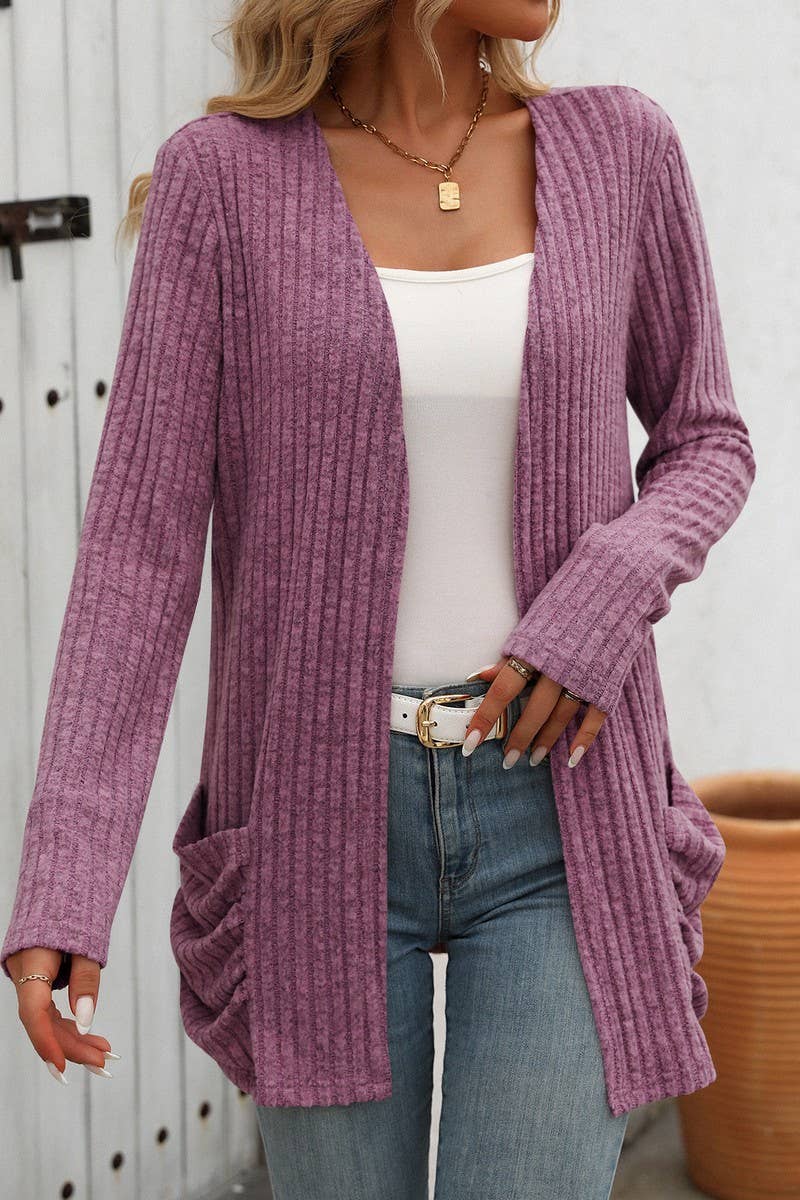 CWOCAL1308_SOLID COLOR RIBBED POCKET LONG SLEEVE CARDIGAN