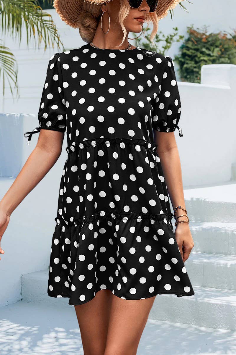 ROUND NECK BUBBLE SLEEVE STRAP DRESS_CWDSD2658