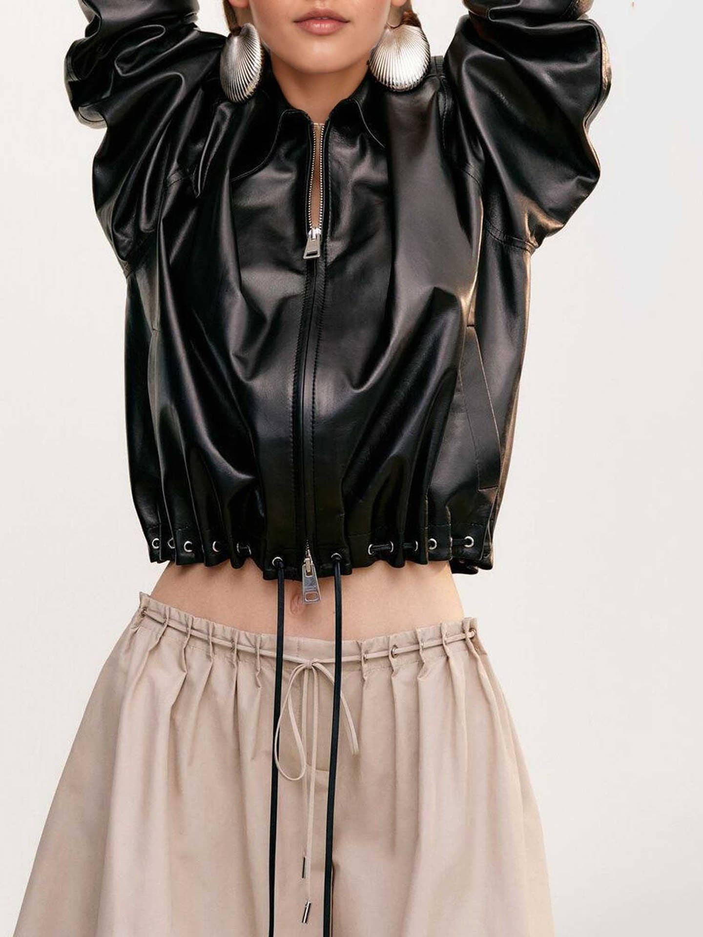 Lapel lustrous leather hem drawstring coat