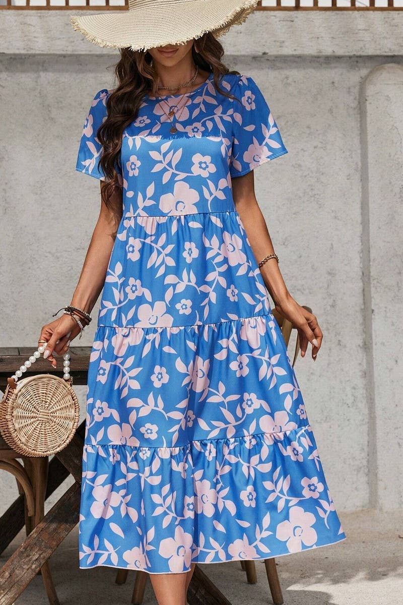 CWDMD4445_FLORAL PRINT MULTI-LAYERED RUFFLE PATCHWORK DRESS