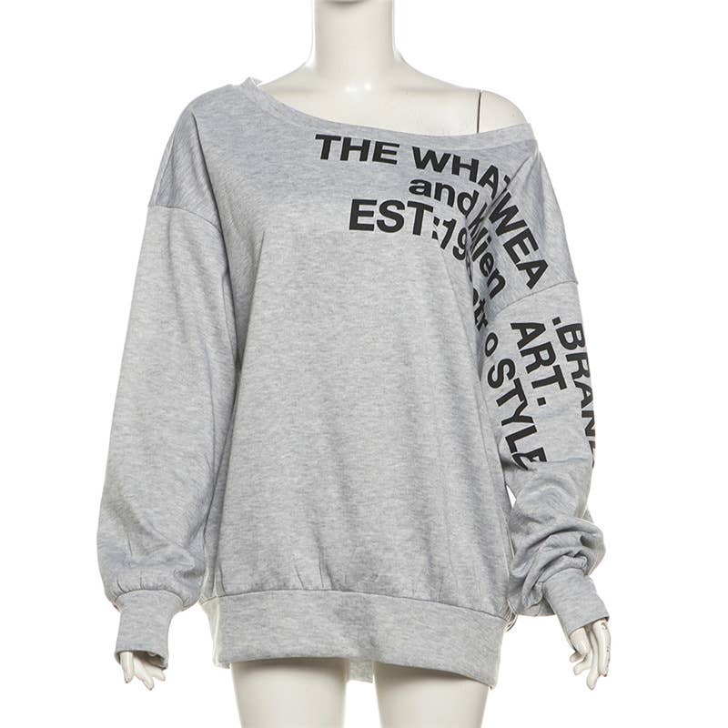 SLANT SHOULDER LETTER-PRINT LOOSE PULLOVER HOODIE