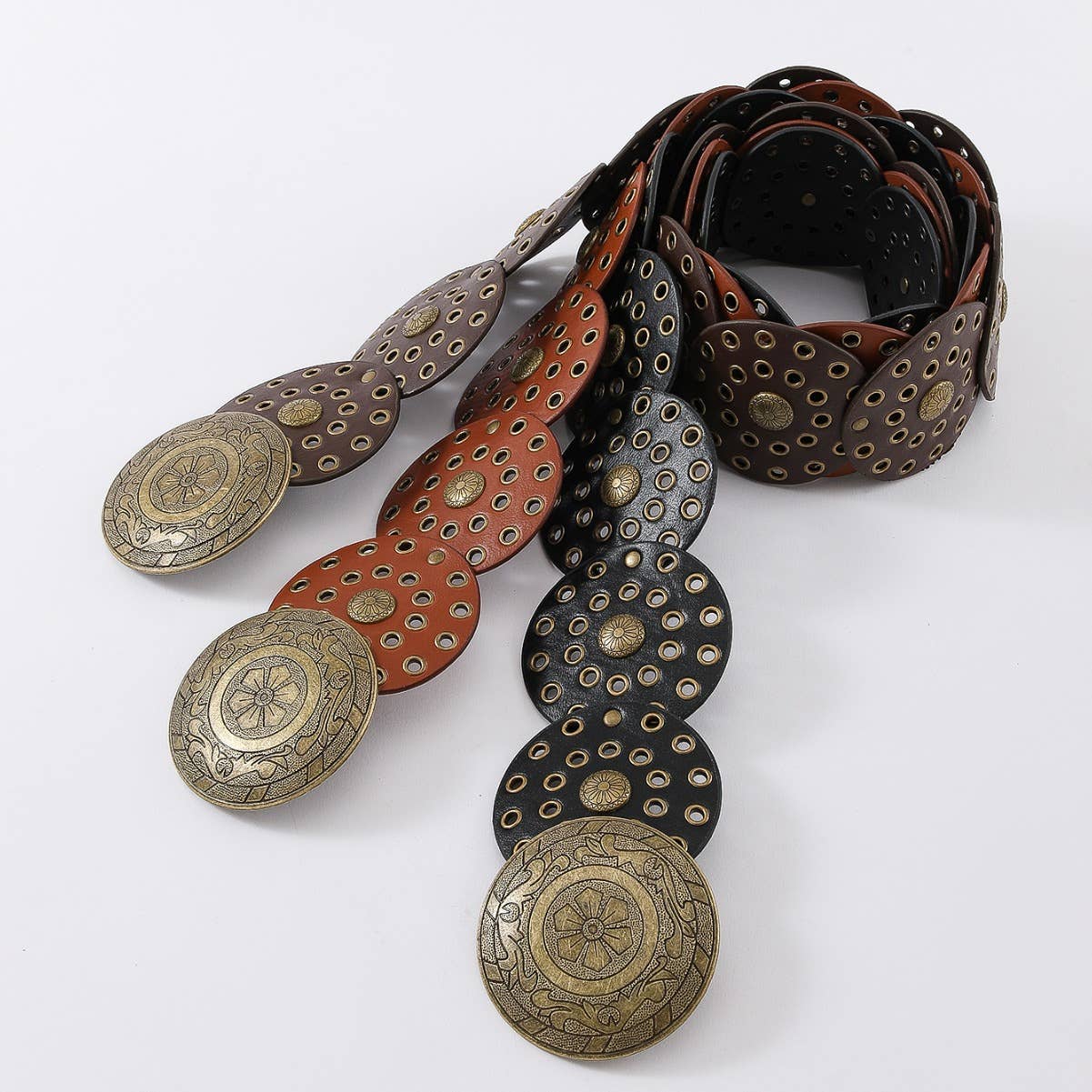 Exaggerated decorative circular metal wide belt