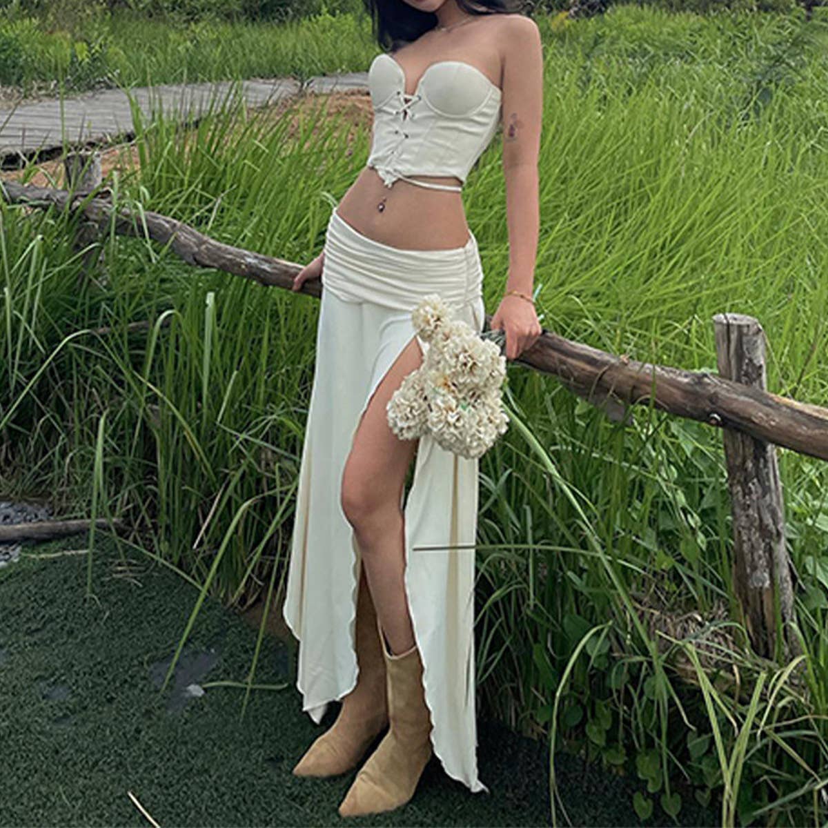 Ruched tube top and low waist slit skirt set