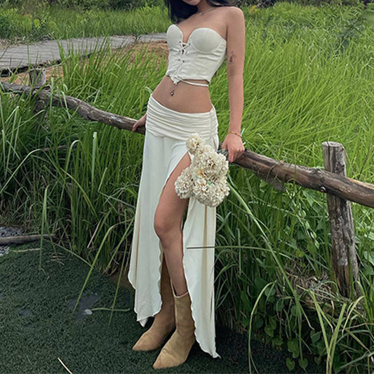 Ruched tube top and low waist slit skirt set