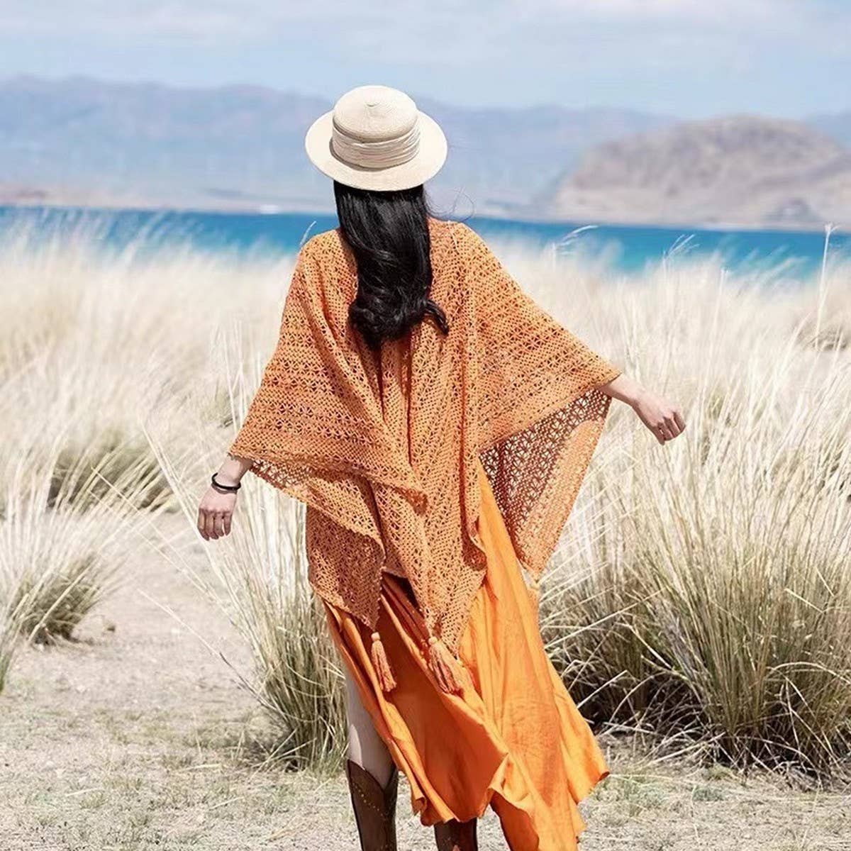 CWASC1795_VINTAGE HOLLOW KNITTED TASSEL SLIT SHAWL