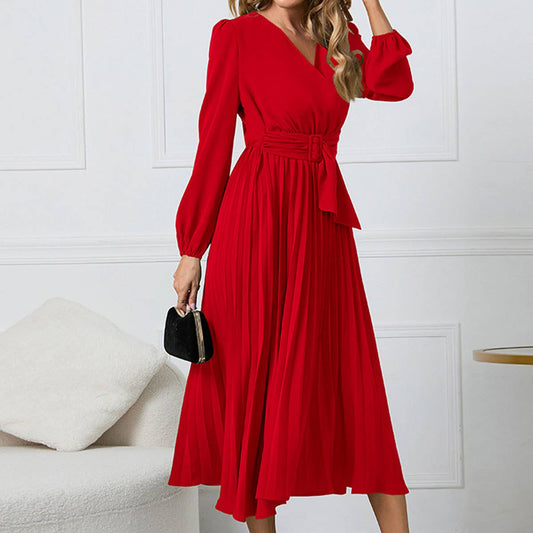 Long Sleeve Fit Pleated Waist Belt V-neck Dress
