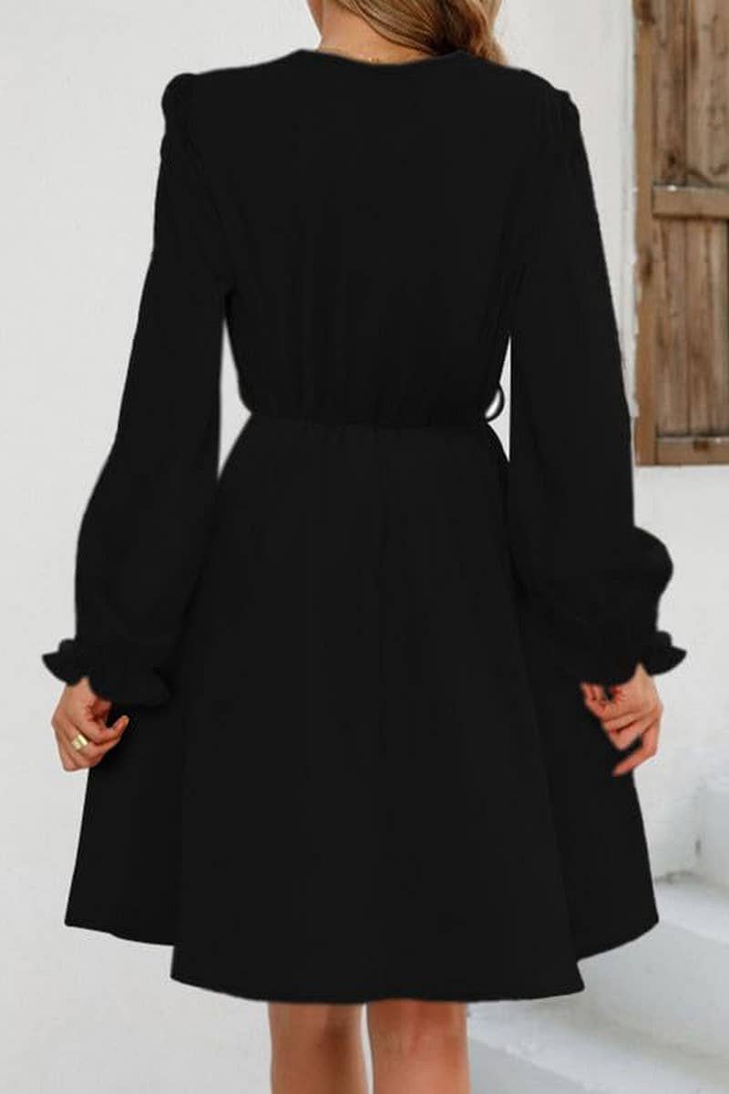 CWDSD8402_LACE TRIM LANTERN SLEEVE BELTED TASSEL DRESS