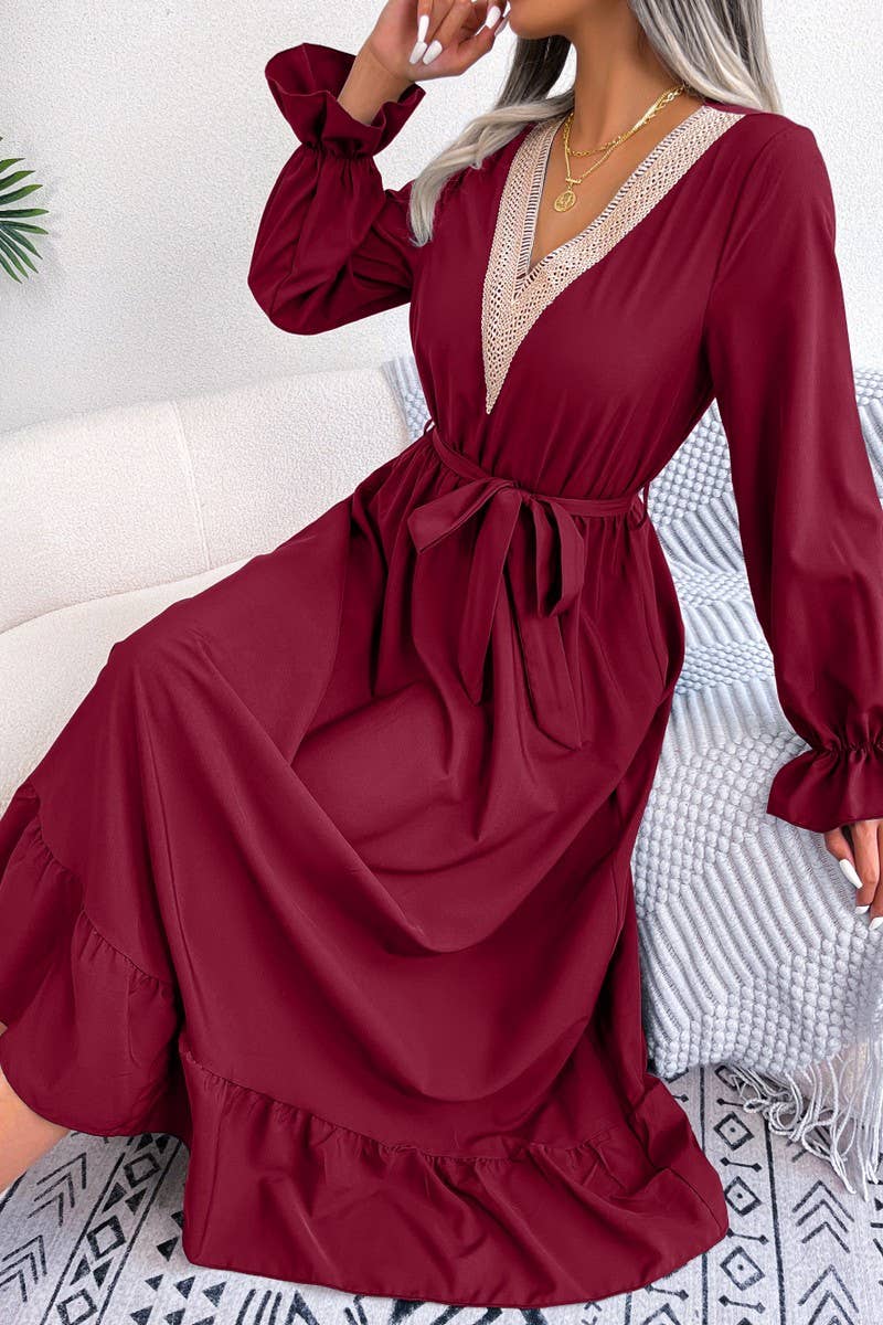 CWDMD4716_TEMPERAMENT V-NECK LACE WAIST RUFFLED LONG SKIRT