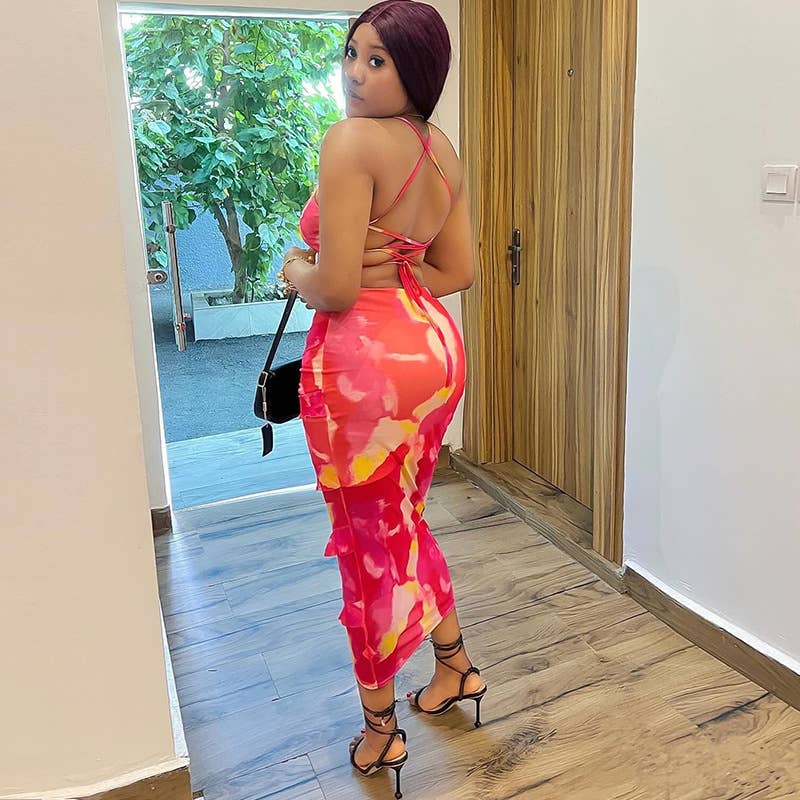 PRINTED SEXY HALTER HALTER IRREGULAR DRESS