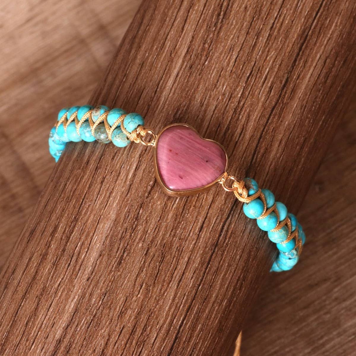 HEART SHAPED RHODONITE BRAIDED FRIENDSHIP BRACELET