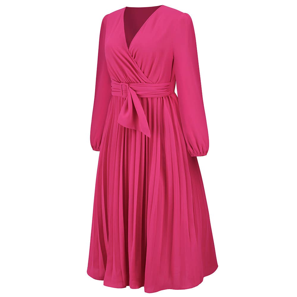 LONG SLEEVE PLEATED BELT SOLID COLOR V-NECK DRESS