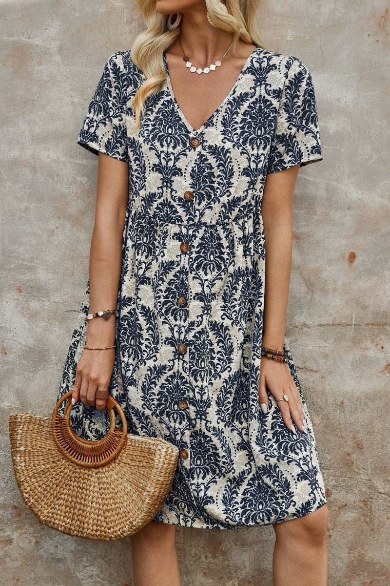 CWDSD4890_SUMMER V-NECK SHORT SLEEVE BOHO PRINT DRESS