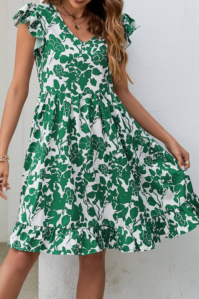 CWDSD2699_V-Neck Ruffle Sleeve Floral Print Dresses