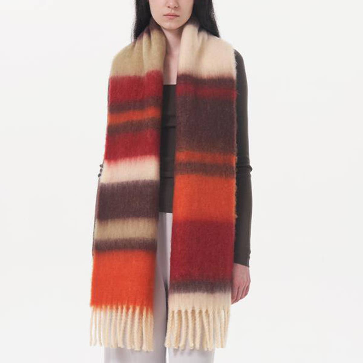 WOMEN CONTRASTING STRIPED FRINGED PLAID SCARF