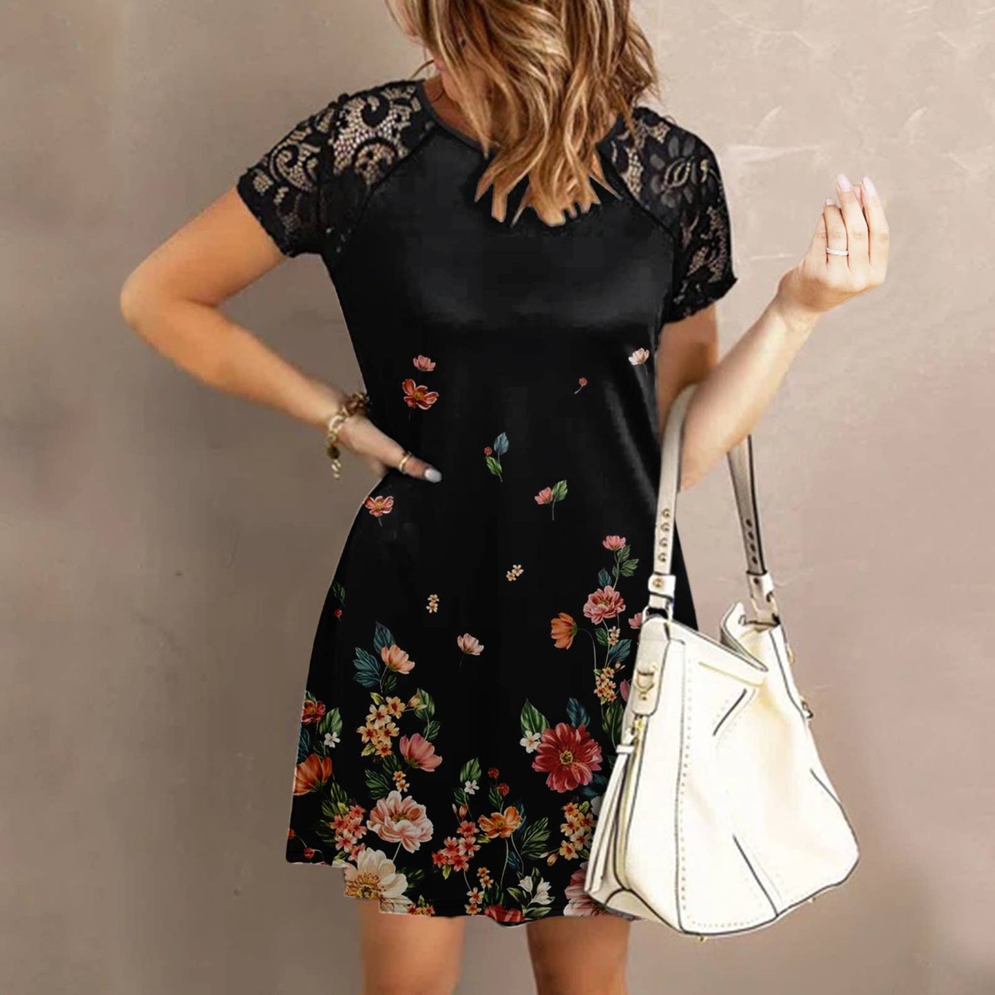 LACE PATCHWORK PRINT SHORT-SLEEVED DRESS