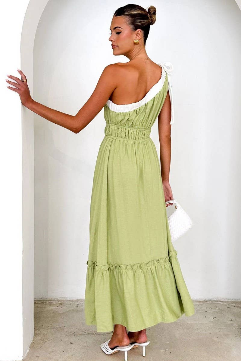 CWDMD5178_CASUAL WAIST SOLID COLOR ONE SHOULDER DRESS