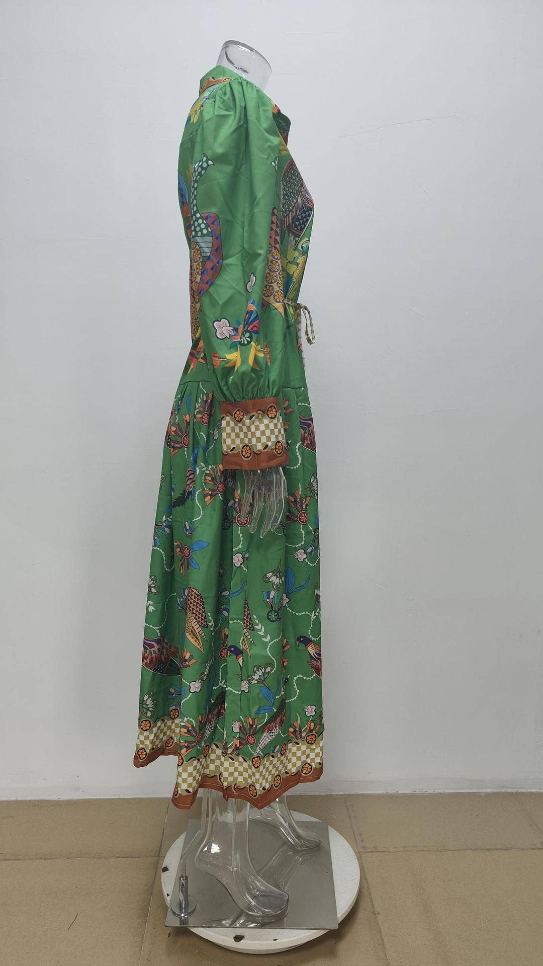 LANTERN SLEEVE PRINTED LAPEL LONG-SLEEVED DRESS