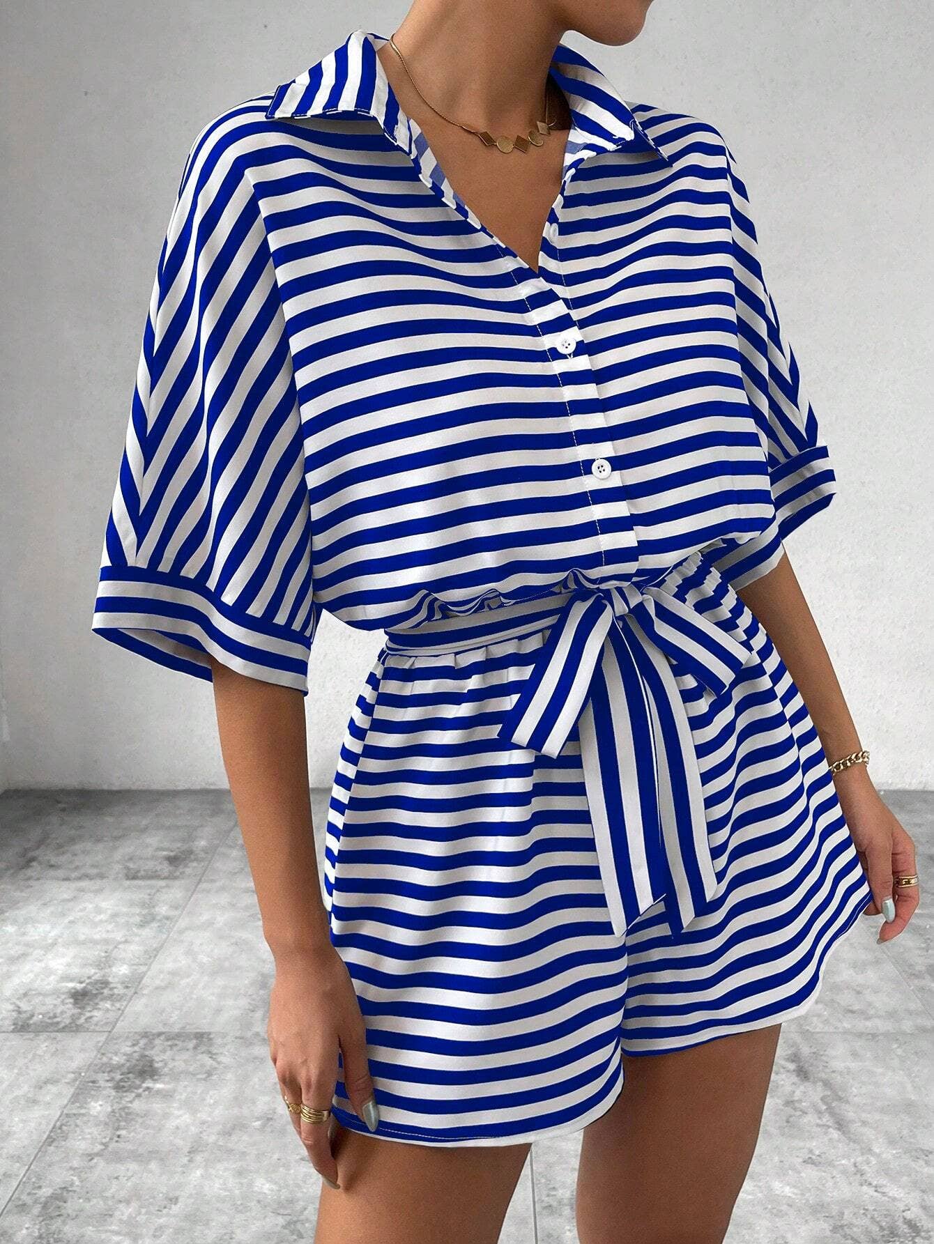 Women¡¯s striped buttoned cardigan romper