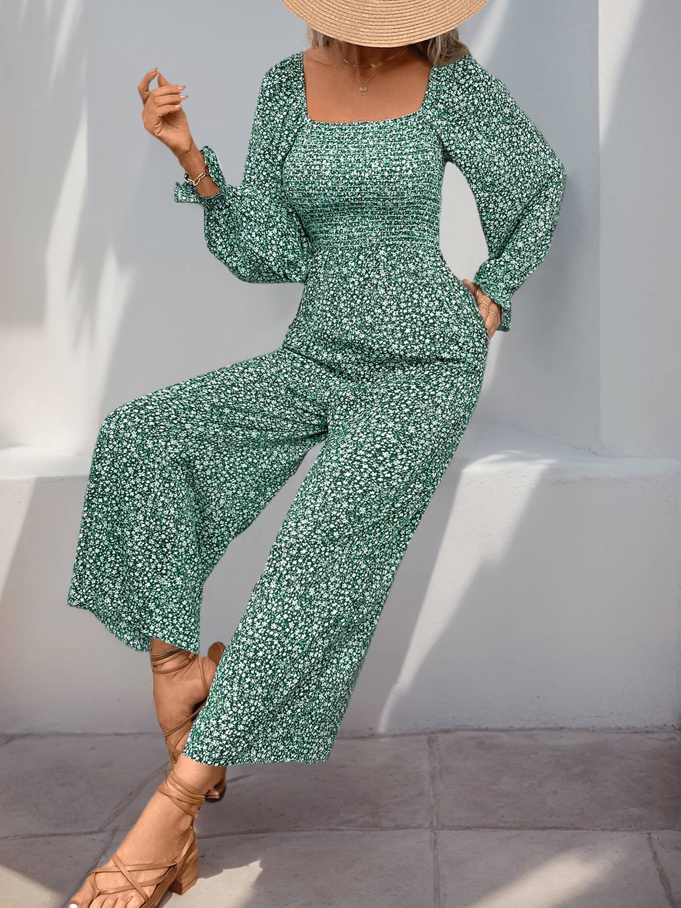 SQUARE NECK LONG SLEEVE FLORAL JUMPSUIT