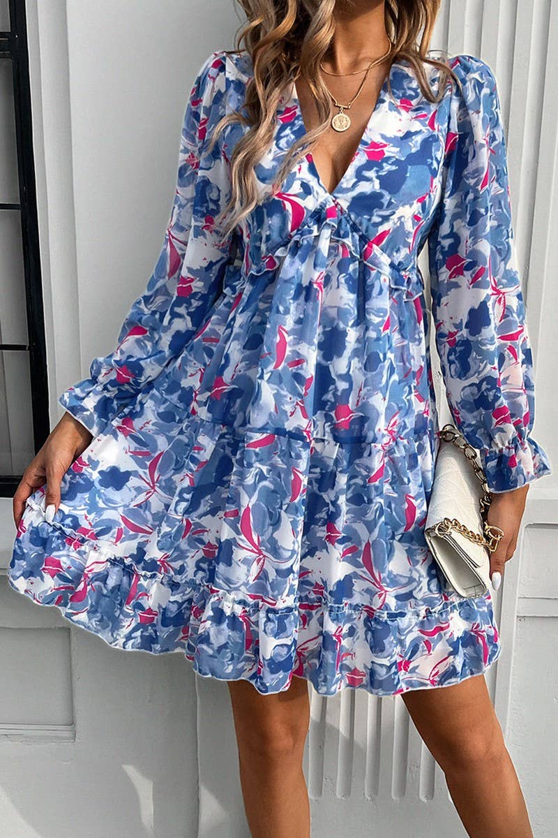 CWDSD7137_ELEGANT PRINTED V NECK LONG SLEEVE DRESS