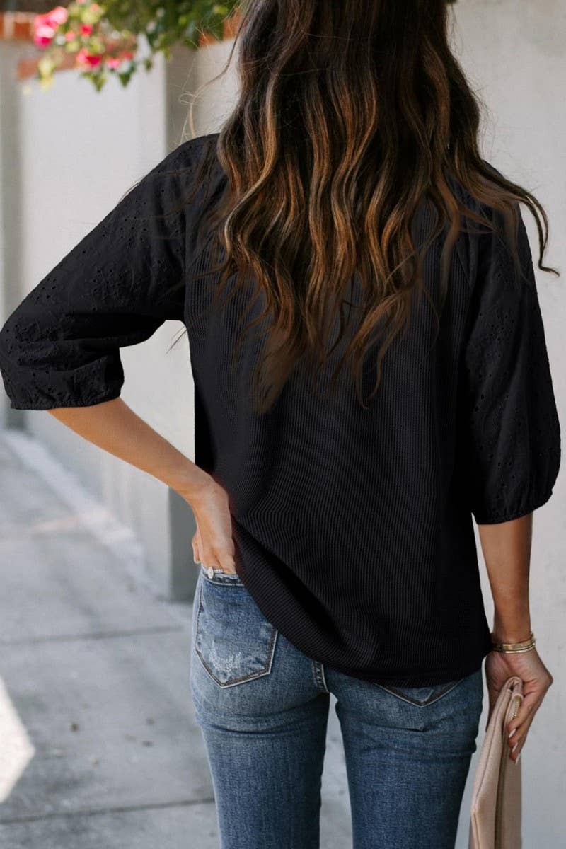 CWOHOS0021_SUMMER DRAWSTRING HOLLOW V-NECK SLEEVE T-SHIRT