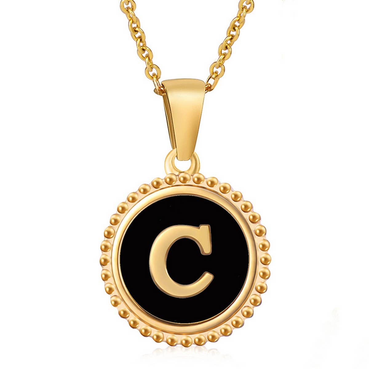 CWAJE1941_Simple Round Black Shell Letter Necklace